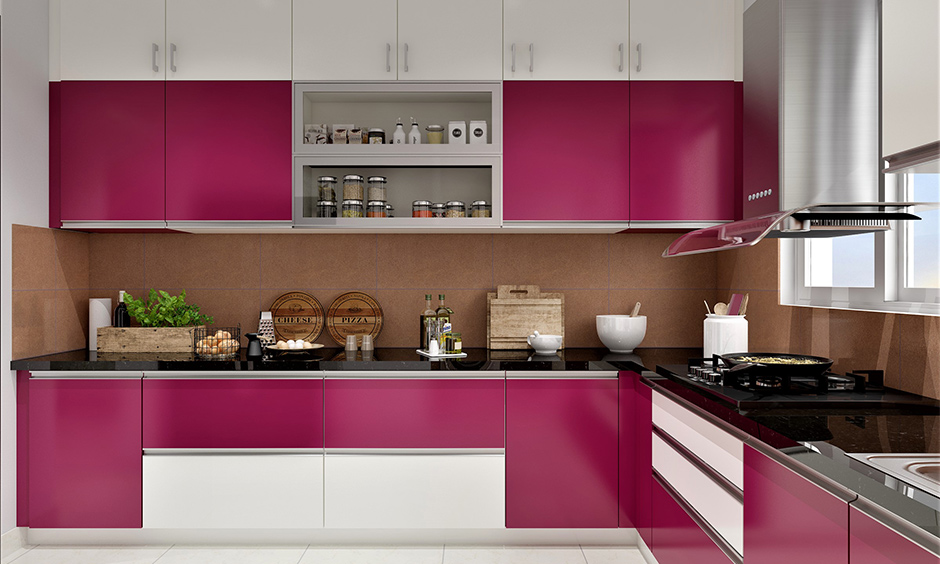 Hot pink and off white two tone stained kitchen cabinets which stand out gorgeously in stark contrast