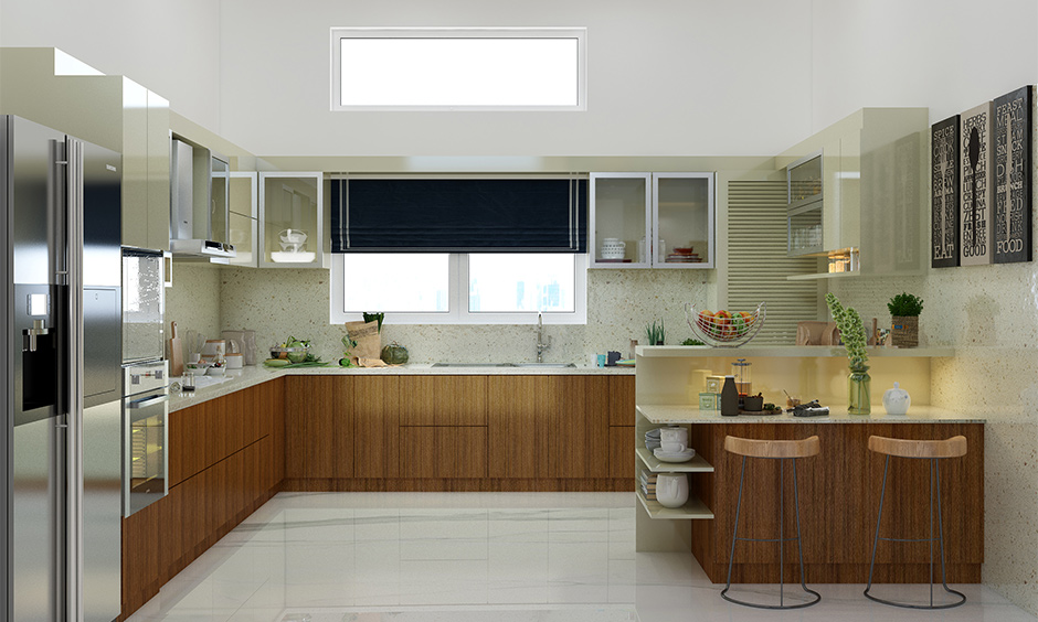 U-shaped kitchen window above the sink decorated with fabric window shades lends vibrant is how to decorate kitchen window.