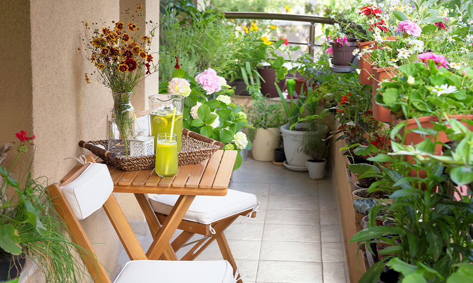 Indian home garden ideas, Balcony nook with portable chair and table set surround by potted plants brings a rustic charm.