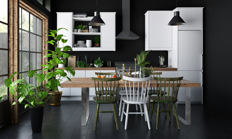 One-wall kitchen cum dining area with white open crockery shelves is the best kitchen crockery cabinet design.