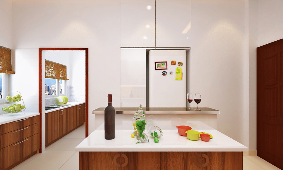 U-shaped white kitchen island countertop with wooden storage brings a sleek look.