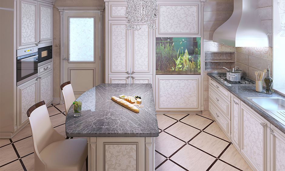 Classic kitchen island with granite countertop and two chairs