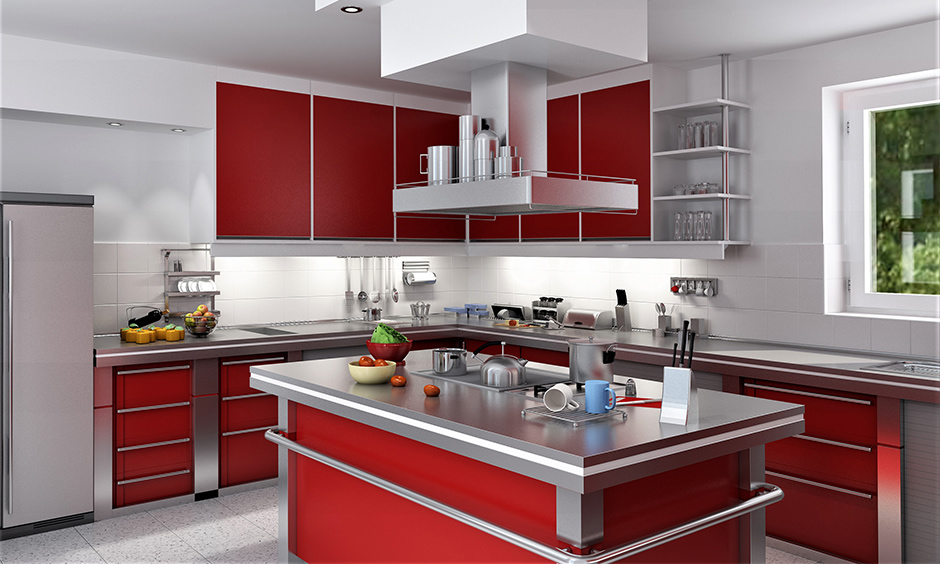 Modern kitchen cabinet storage idea in dull red and stainless steel