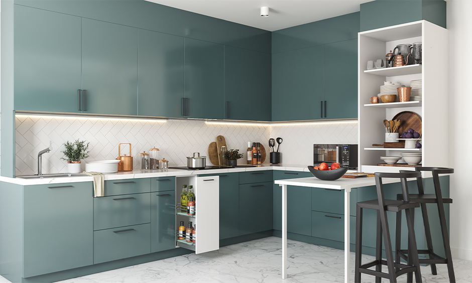 Modular kitchen vs carpenter made kitchen - l-shaped kitchen with breakfast counter elegant design in modular kitchen.