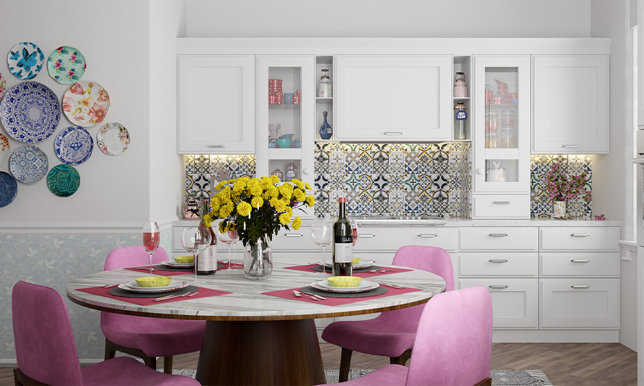 Matching colour schemes home, Kitchen cum dining area in multicolour look vibrant and bold.