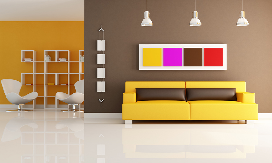 Open living room home colour matching with two different bold colours look elegant.