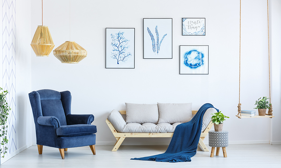 Small white living room matching colour schemes home with a pop of blue elements look minimal.