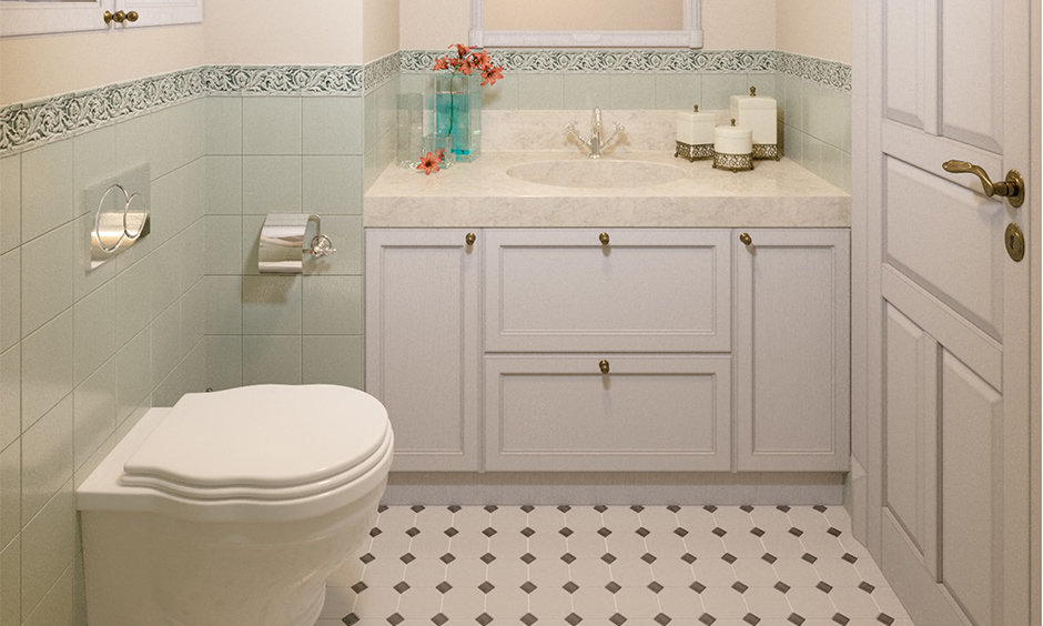 Pastel green wall bathroom tile design idea for small bathroom with white floor tiles are classic.