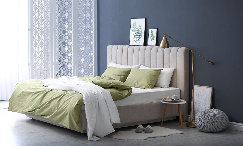 Home colour combination for bedroom with pistachio and grey lends a sleek look.