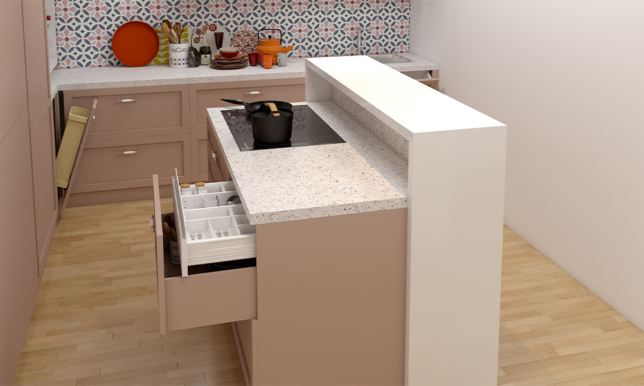 The small kitchen island quartz countertop with storage drawer looks elegant is the kitchen island countertop.