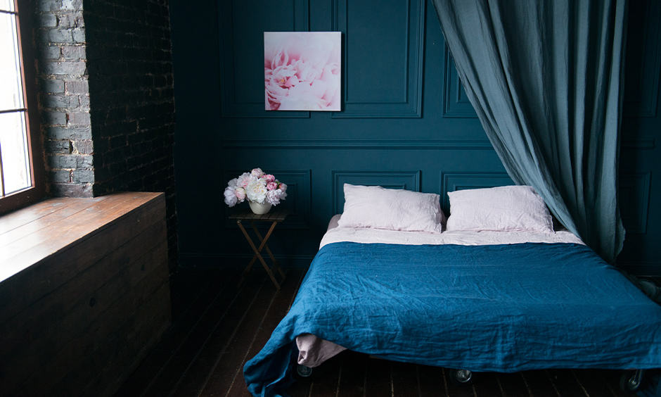 Aqua is a romantic bedroom colour with a brick side wall