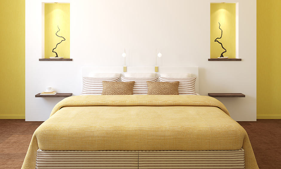 Romantic bedroom colours with a bright yellow wall