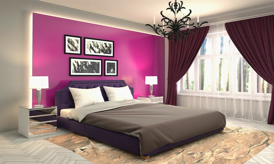 Romantic master bedroom paint colour with purple and candle chandelier