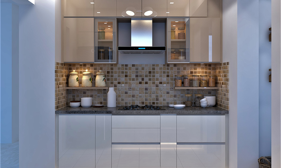 Showcase-style kitchen cabinet storage  with glass cabinets and a pair of side shelves