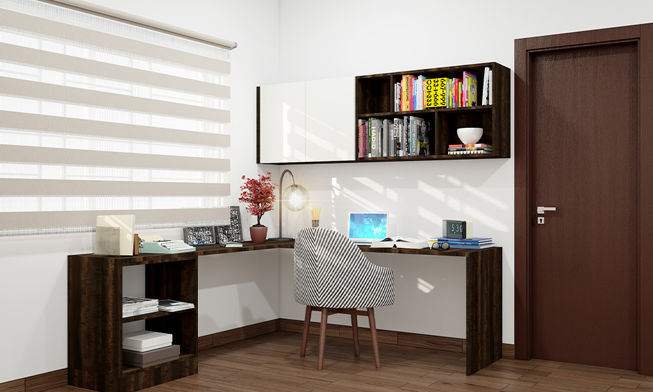 Home workspace with an l-shaped table, chair and small shelves classic design, working from home with kids.