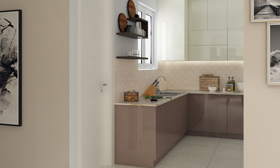 Very small kitchen design Indian style, U-shaped kitchen with Indian style minimal design looks elegant.