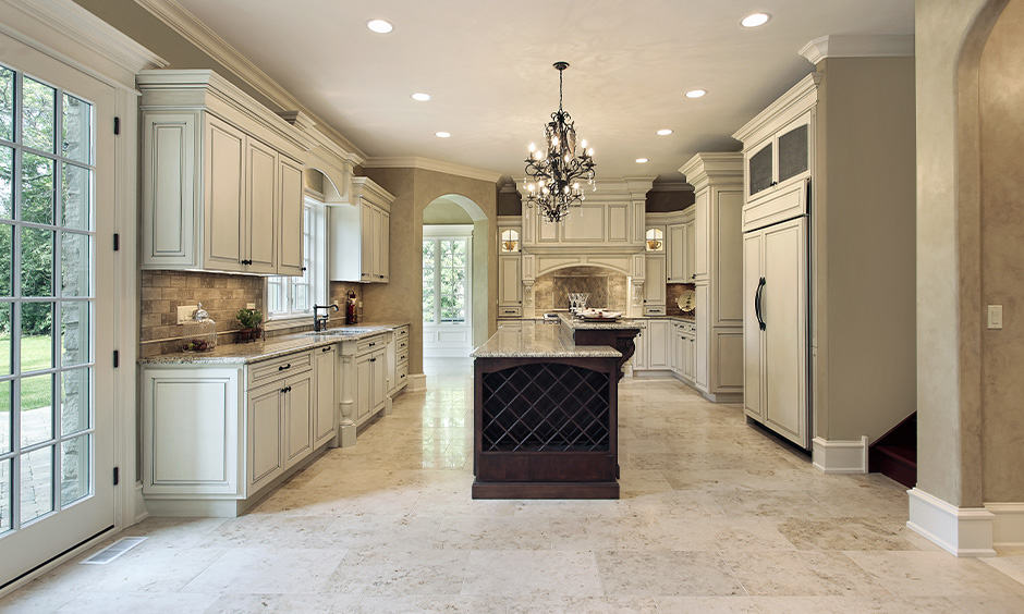 Vintage granite flooring designs with  an off-white granite floor