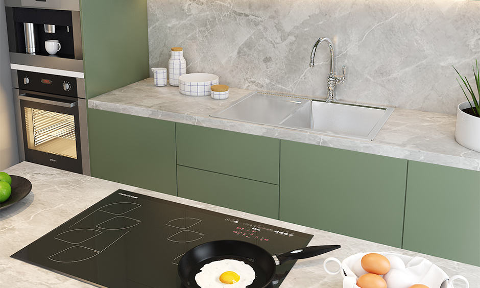 White marble countertop with contrasting colour cabinets