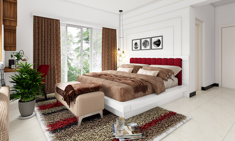 Wooden headboard design, A white wooden bed with a red upholstered headboard elevates the glam to the white bedroom.