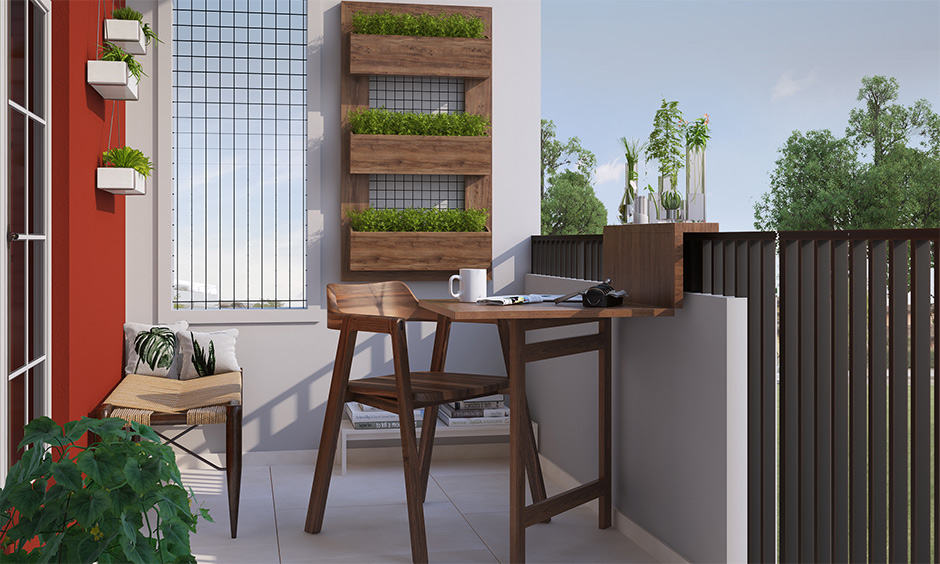 Busy mom interior hacks, Balcony design with ceramic tiles, foldable furniture and hanging plants are low maintenance.