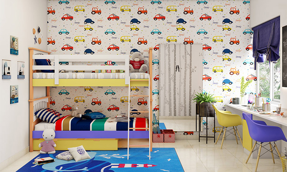 Cars wallpaper for kids room boys, a room design with bunk bed and car wallpaper of different colours adds a lively vibe.