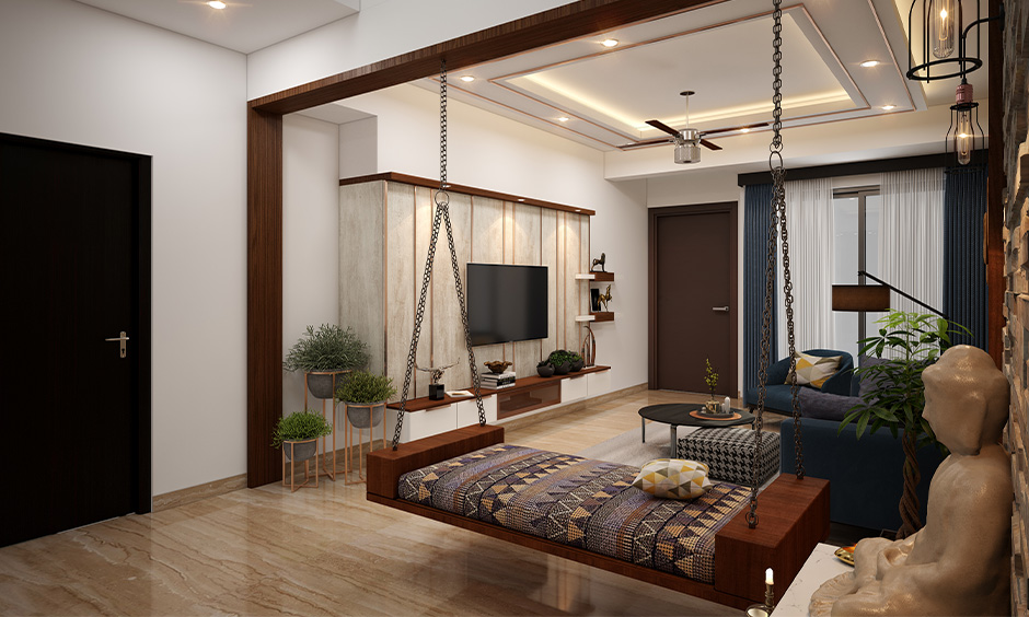 Cool entertainment room ideas relaxing and entertaining with a swing and cosy sofa.