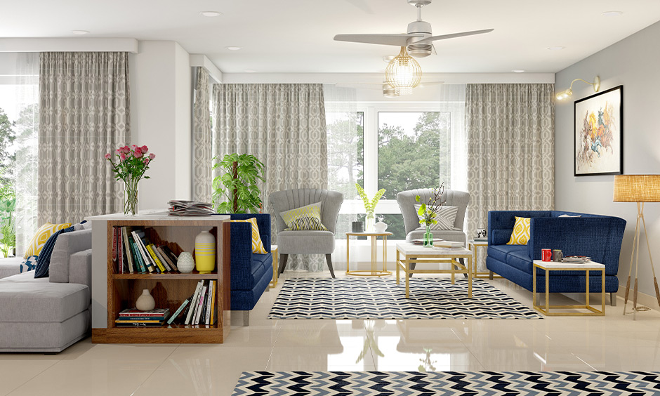 Corner table design for living room with an open bookshelf adds beauty to the area.