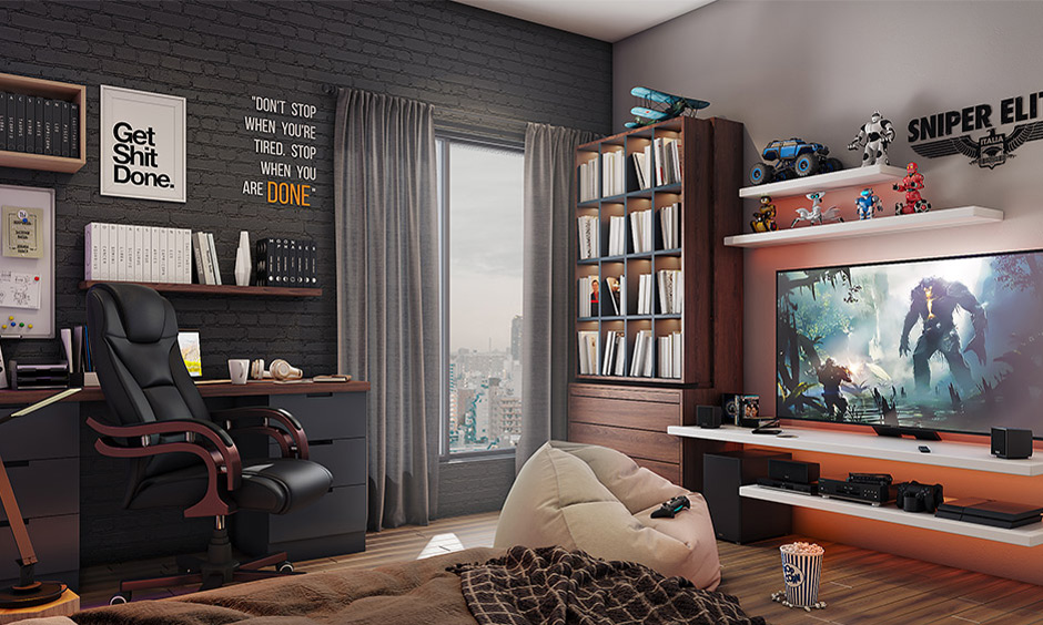 Comfortable entertainment game room idea with floating tv unit with shelves, brick wall and wooden flooring looks elegant