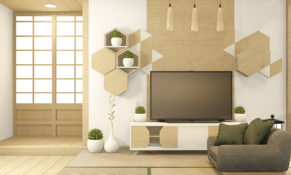 Floating wooden wall showcase design for hall in hexagonal shape adds a fun geometric element to the design.