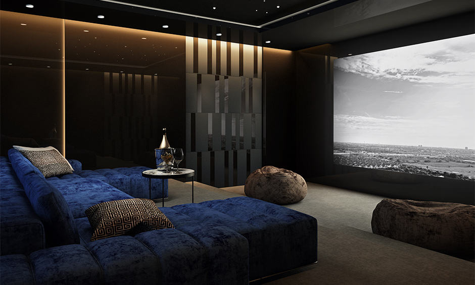 Home theatre ceiling design with a dark-coloured ceiling