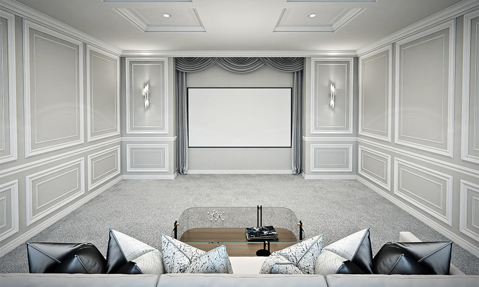 Home theatre false ceiling with decorative moulding