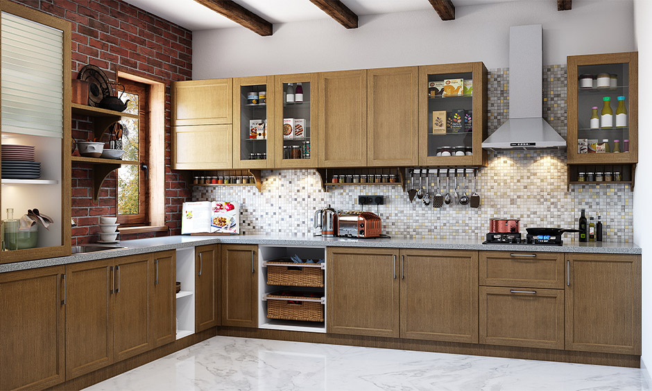 L-shaped industrial kitchen cabinet color trend in 2021 with classic wood finish lends a rustic look.