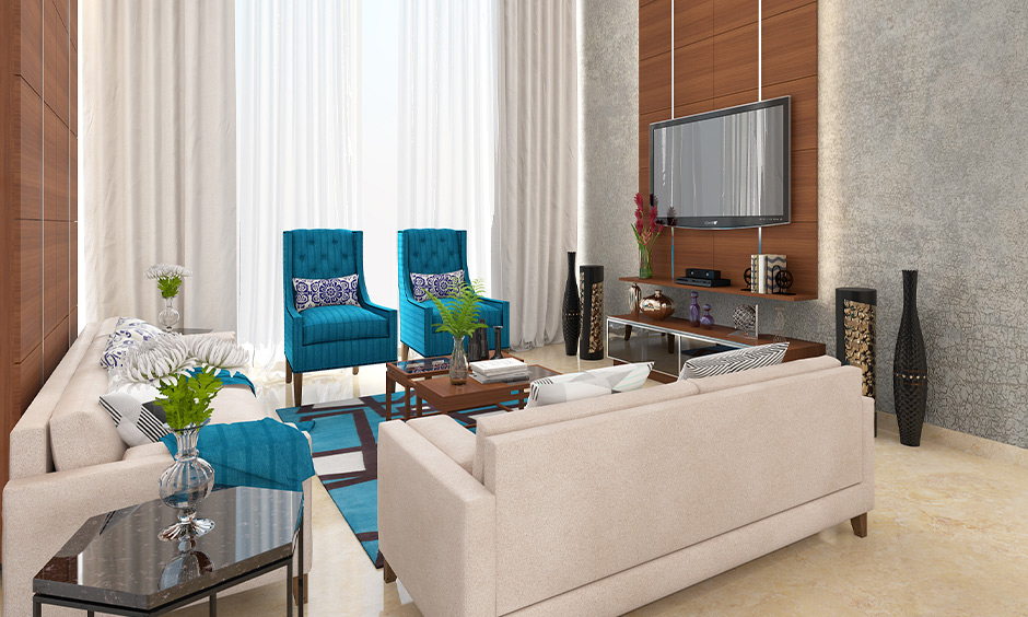 Entertainment room idea with minimum furniture, a large window and white marble flooring is chic and straightforward.