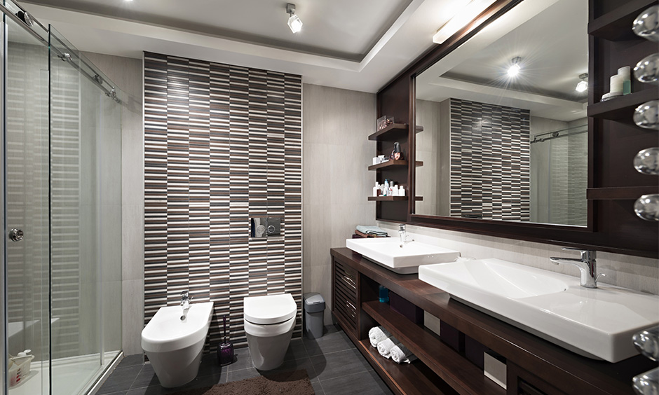 Modern bathroom tiles with graphic patterns on single wall