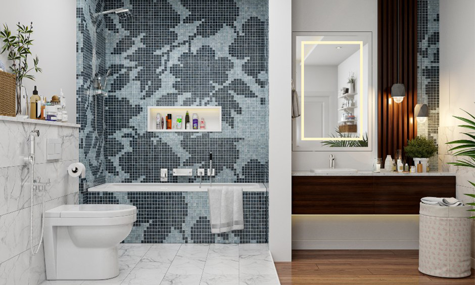 Mosaic types of flooring tiles in India, bathroom with mosaic tiles have two shades that lend a bold look.