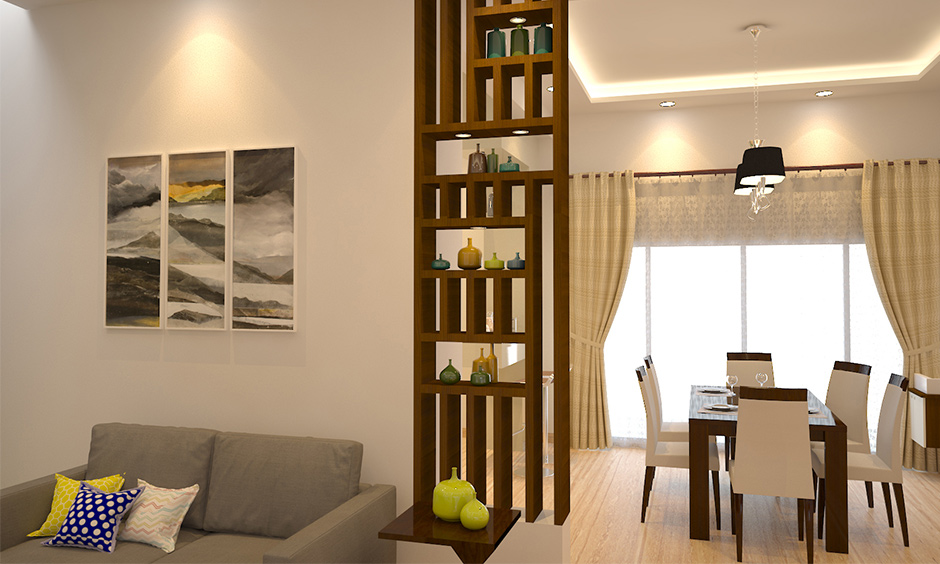 Wooden showcase design for hall with multipurpose and acting as a wooden partition between living and dining area.