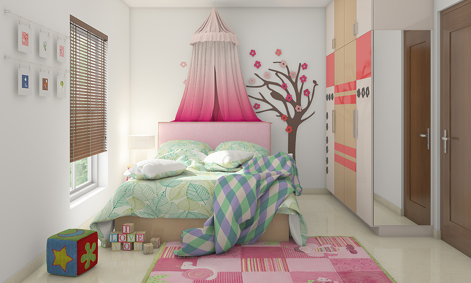 Girl bedroom decorated with decal and paper flowers made from origami on a wall is the best room decor idea for girls DIY.