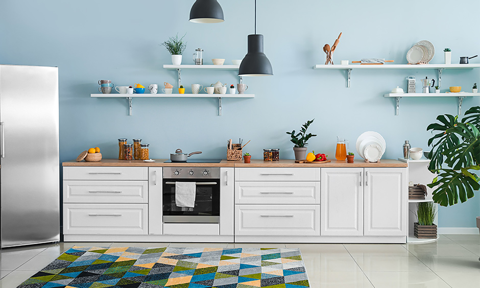 Summer kitchen colors, one wall modern kitchen colours in sky blue and white combination bring calmness and serenity.