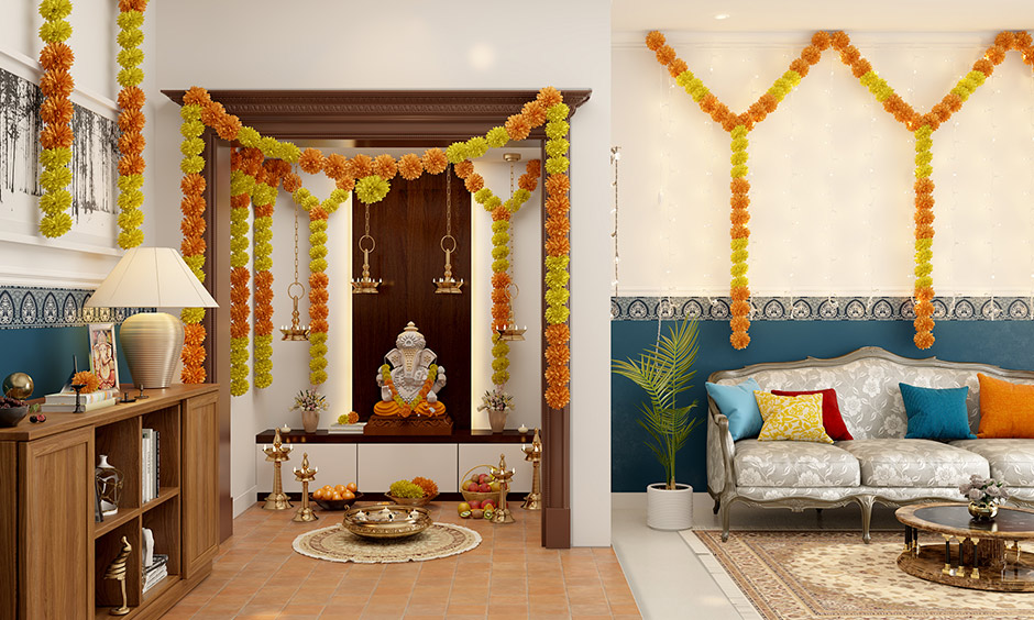 Ugadi pooja room decorated with traditional fresh flowers, garlands and beautiful lamps.