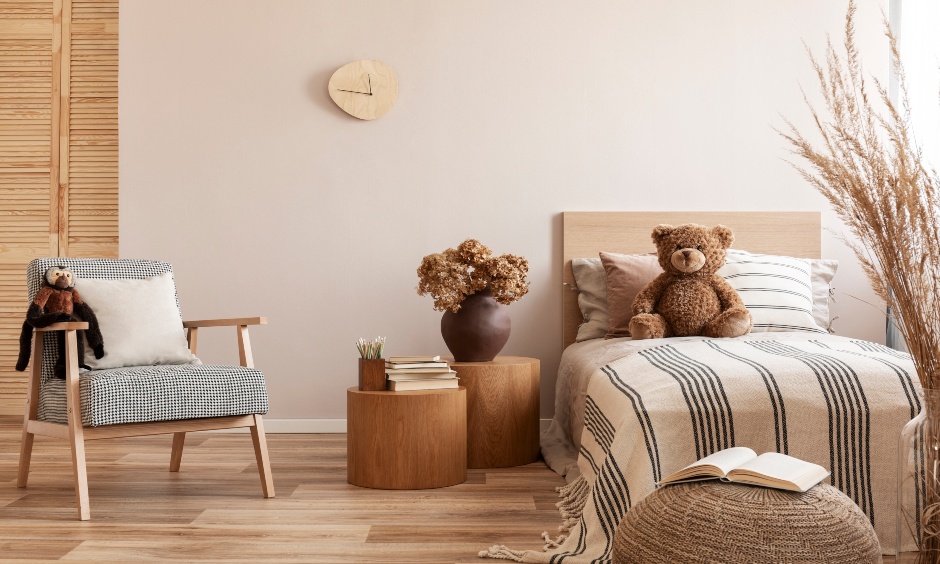 Light colour wood tile in the bedroom lends a touch of elegance to the area.