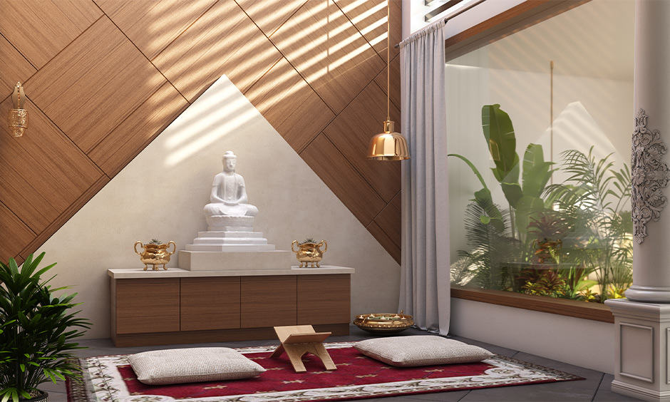 When placing your traditional pooja room design near a waterbody, ensure the room is secure with a glass window