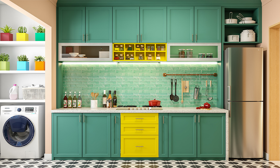 One-wall kitchen cabinet color trend in turquoise and yellow combination lends a vibrant vibe to the area.