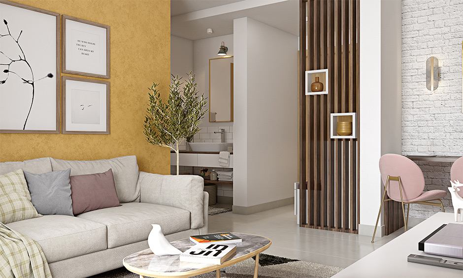 Wooden partition wall design between living room and foyer area with built-in shelves adds elegance to space.