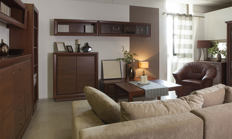 Horizontal wooden wall showcase design for hall in box-shaped with sliding glass doors and perfect for displaying books.