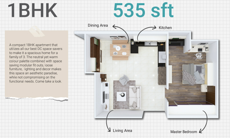 A 1 BHK show flat design that has best space-saving features designed by DesignCafe in HSR layout.