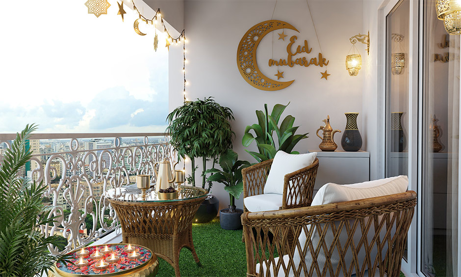 Eid Mubarak decoration in the balcony area with lights, plants and special decor elements brings a comforting vibe.