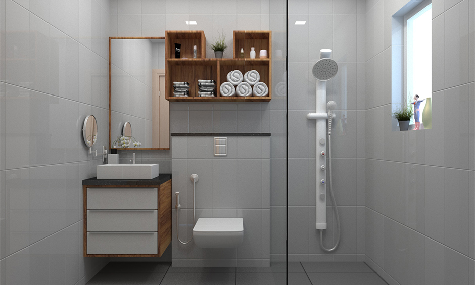 A small white bathroom in a mid-century modern interior design characteristic with a wooden shelve lends a vintage look.