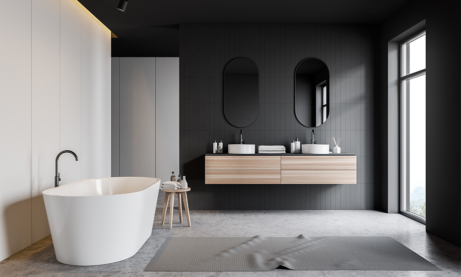 Black and white minimalist bathroom design with a light wooden vanity unit lends a classy and elegant look.