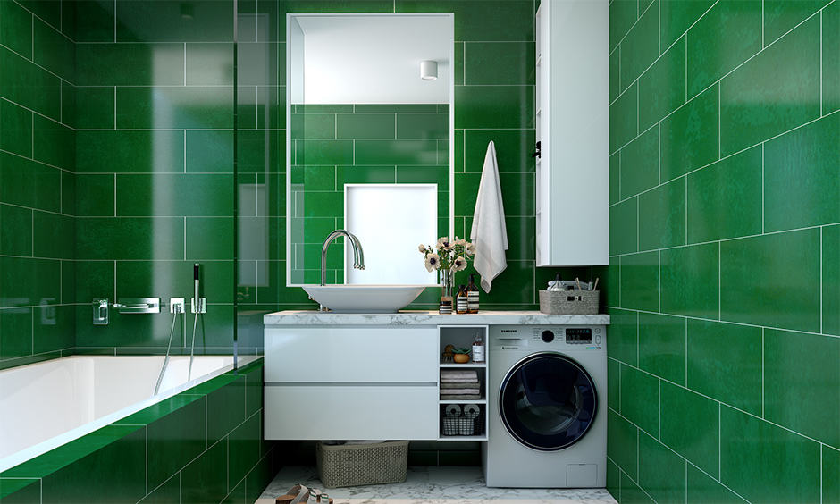 Vanity wash basin design in green and white with ample storage space