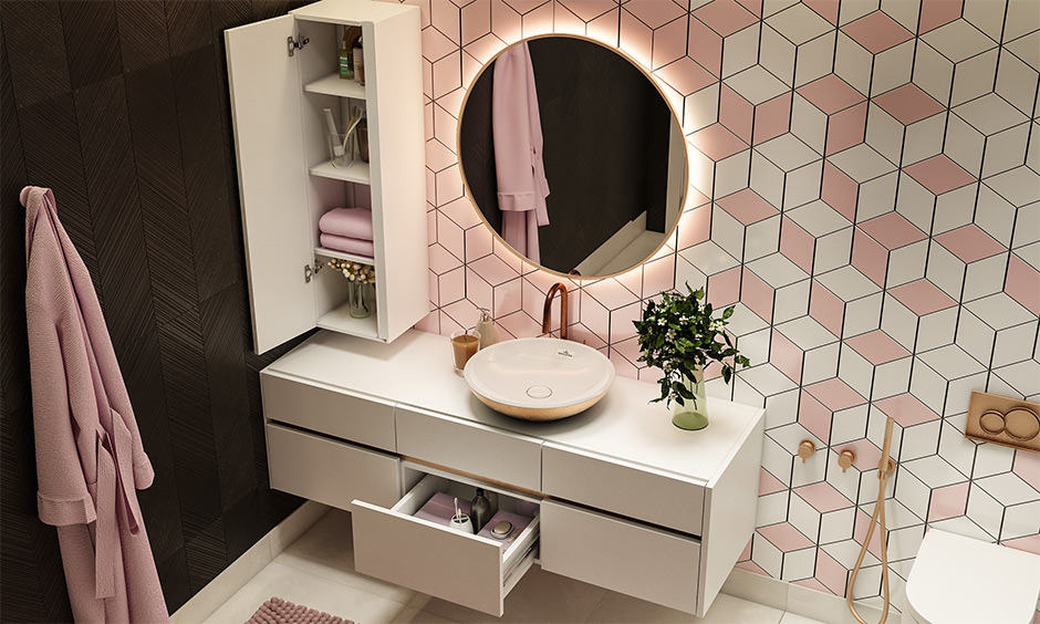 Chic washbasin vanity unit in pink and white for bathroom